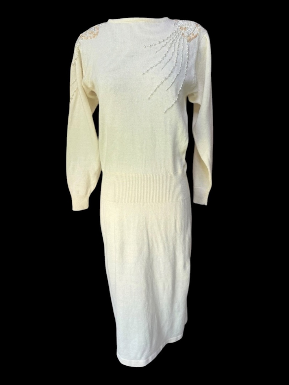 1980s Darian Ivory‎ Acrylic Blend Faux Pearl Sequins Drop Waist Sweater Dress